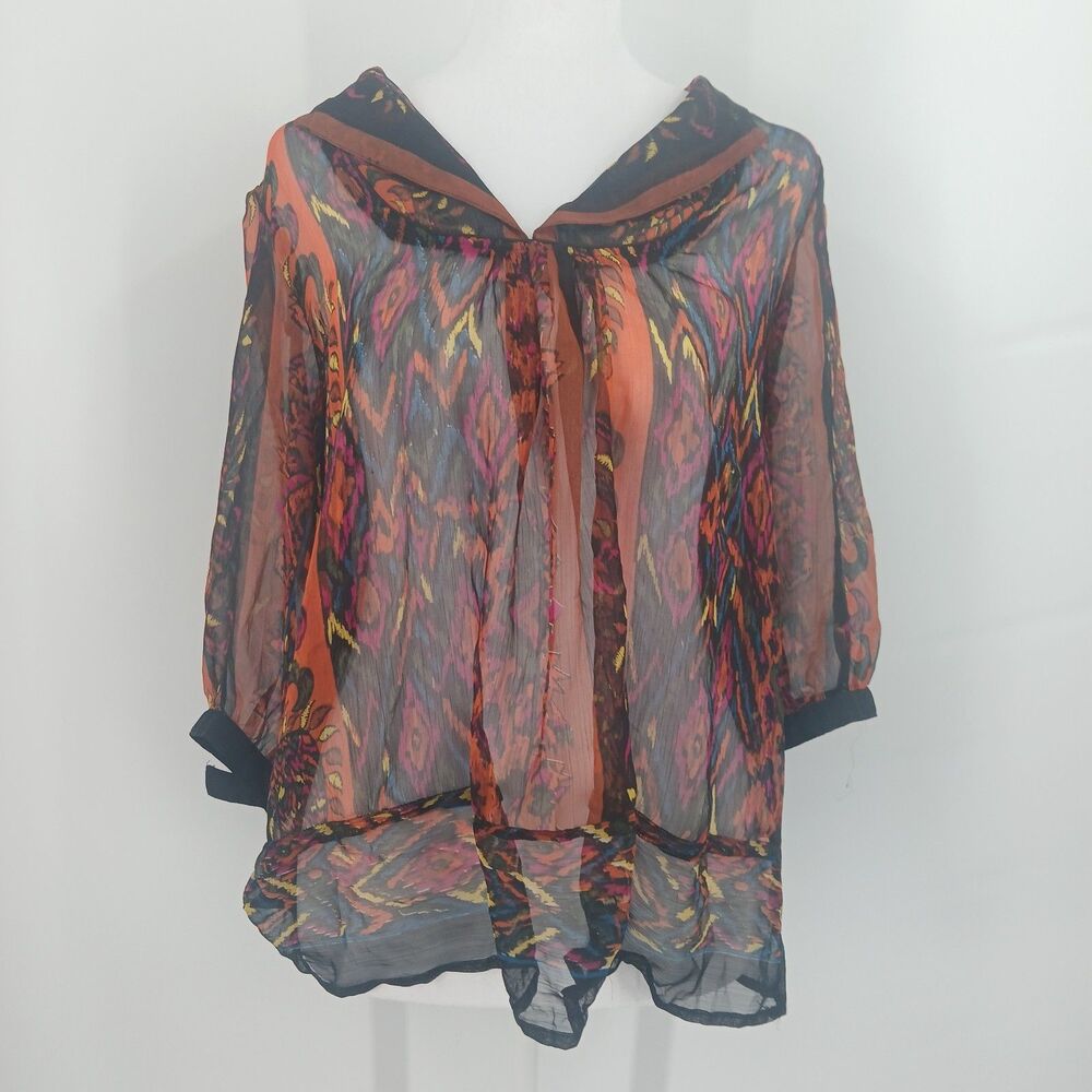 womans size large biographie multi colored sheer long sleeve blouse layering top